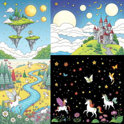 A collection of enchanting and magical landscapes with whimsical elements for coloring, including floating islands with lush greenery, a sparkling river winding through a mystical forest, a castle perched atop a hill surrounded by colorful flowers, and a starry night sky with glowing moons and cheerful stars