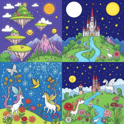 A collection of enchanting and magical landscapes with whimsical elements for coloring, including floating islands with lush greenery, a sparkling river winding through a mystical forest, a castle perched atop a hill surrounded by colorful flowers, and a starry night sky with glowing moons and cheerful stars