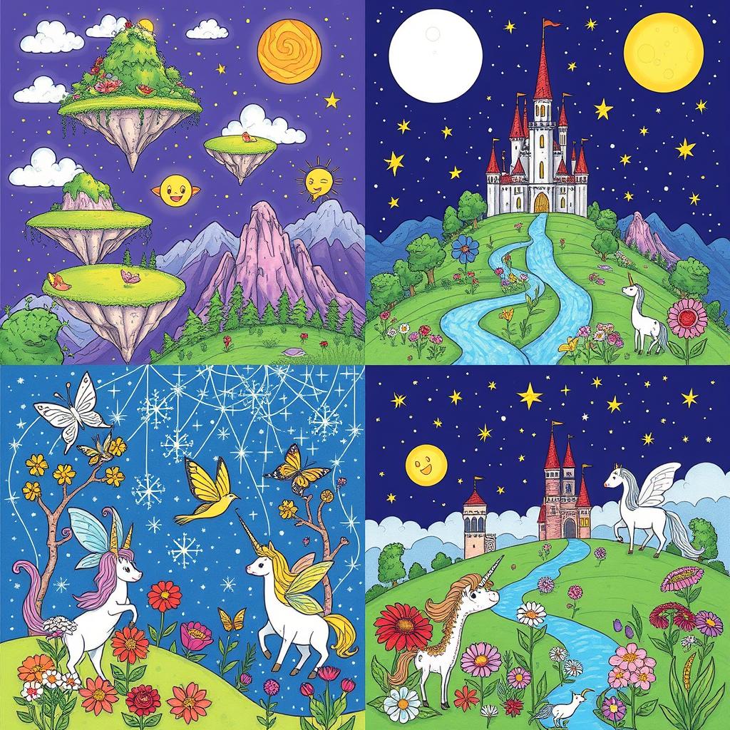 A collection of enchanting and magical landscapes with whimsical elements for coloring, including floating islands with lush greenery, a sparkling river winding through a mystical forest, a castle perched atop a hill surrounded by colorful flowers, and a starry night sky with glowing moons and cheerful stars