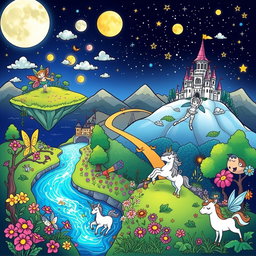 A collection of enchanting and magical landscapes with whimsical elements for coloring, including floating islands with lush greenery, a sparkling river winding through a mystical forest, a castle perched atop a hill surrounded by colorful flowers, and a starry night sky with glowing moons and cheerful stars