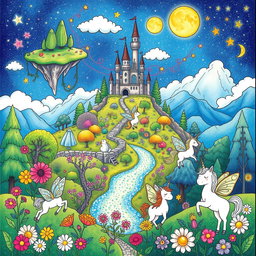 A collection of enchanting and magical landscapes with whimsical elements for coloring, including floating islands with lush greenery, a sparkling river winding through a mystical forest, a castle perched atop a hill surrounded by colorful flowers, and a starry night sky with glowing moons and cheerful stars