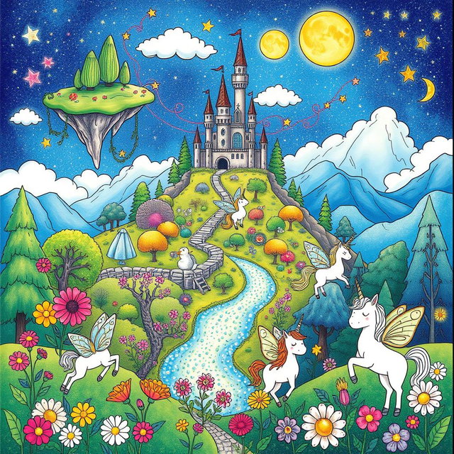A collection of enchanting and magical landscapes with whimsical elements for coloring, including floating islands with lush greenery, a sparkling river winding through a mystical forest, a castle perched atop a hill surrounded by colorful flowers, and a starry night sky with glowing moons and cheerful stars