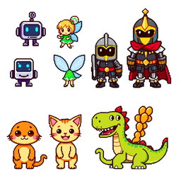 A collection of 32x32 pixel art characters, showcasing vibrant and colorful details