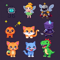 A collection of 32x32 pixel art characters, showcasing vibrant and colorful details