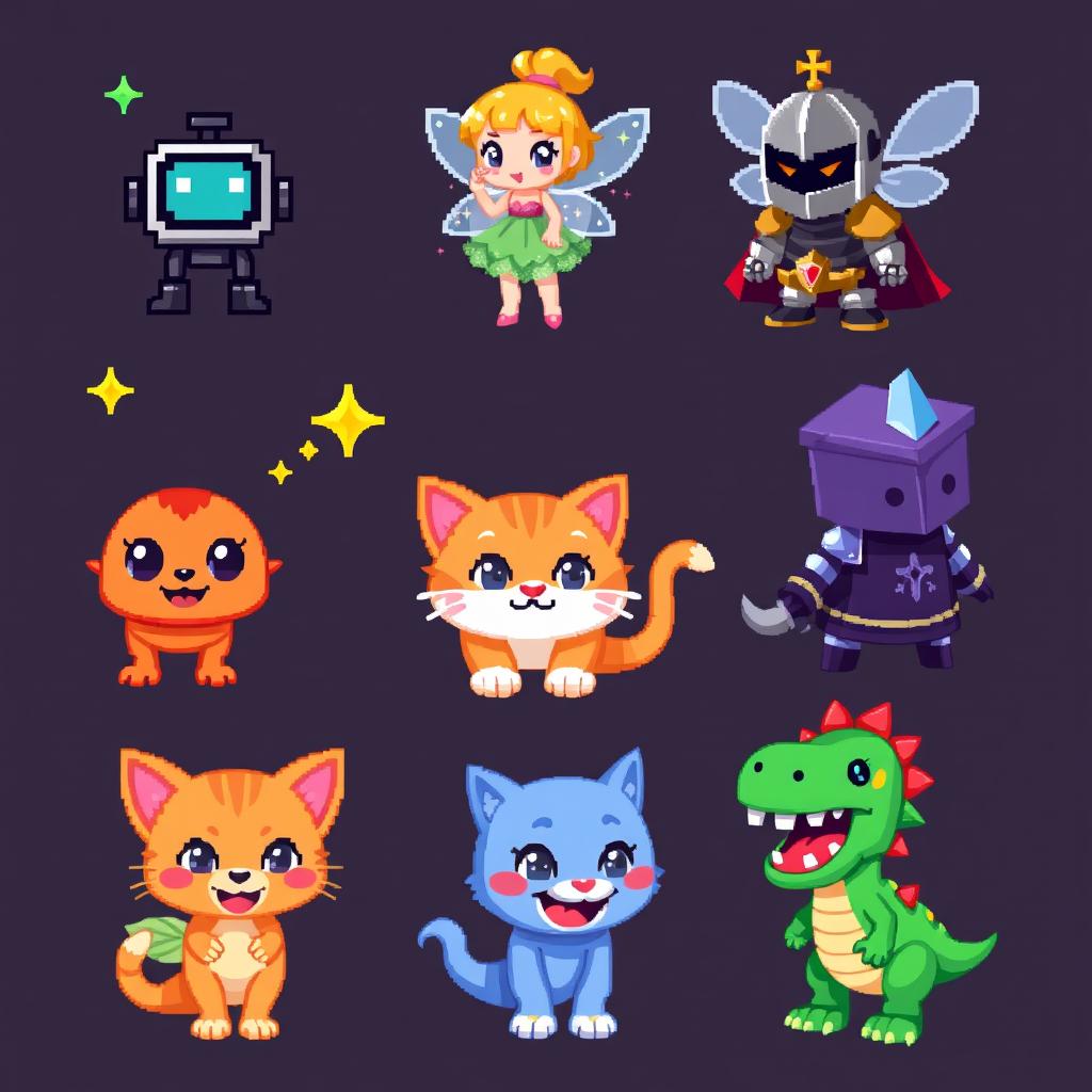 A collection of 32x32 pixel art characters, showcasing vibrant and colorful details