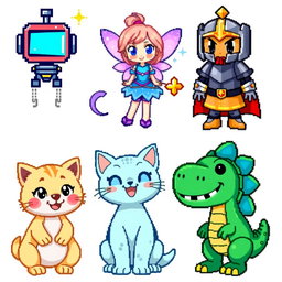A collection of 32x32 pixel art characters, showcasing vibrant and colorful details