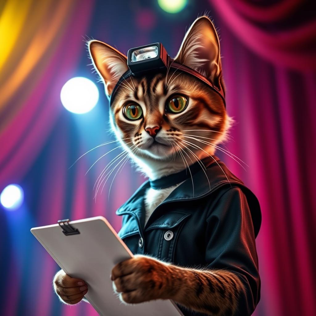 A female cat with long, elegant eyes, dressed as a stagehand in a vibrant theater setting