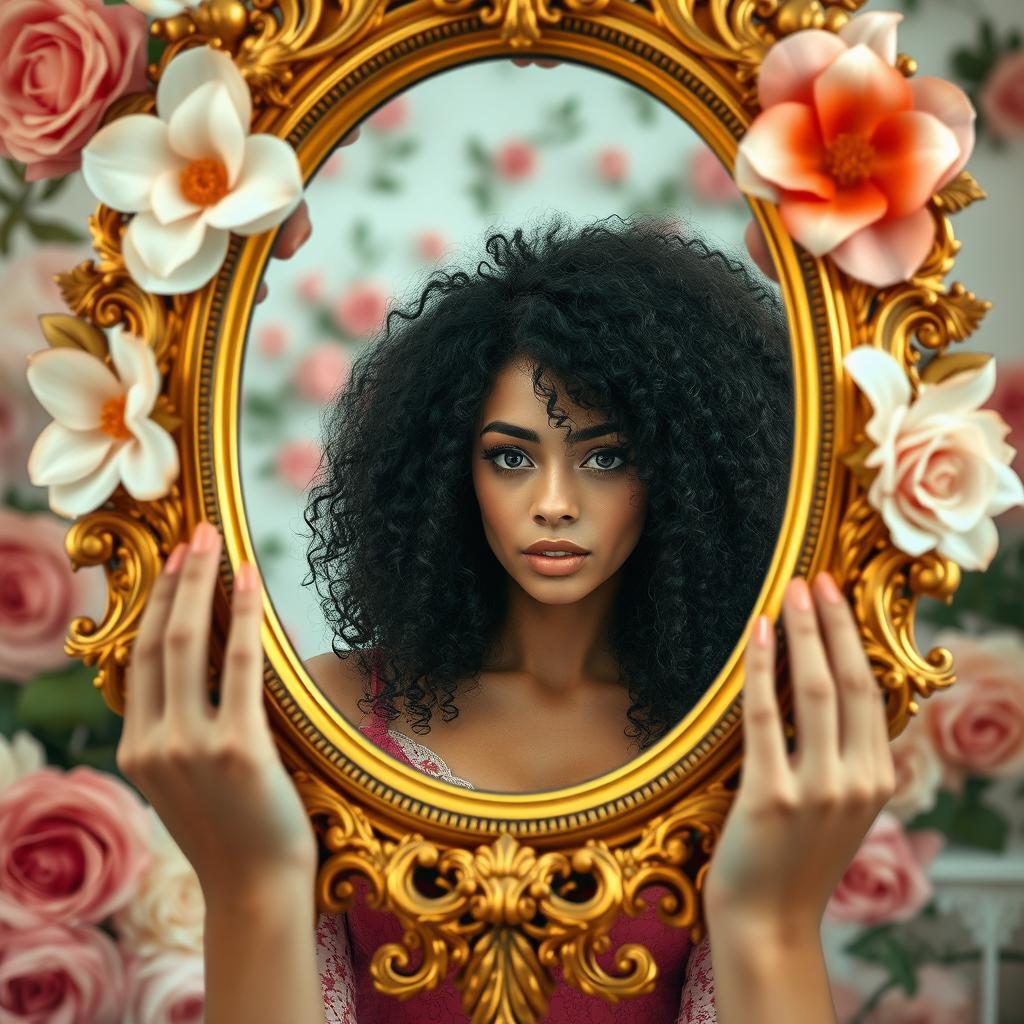 A close-up of a large, ornate gold-framed mirror held from behind by two delicate female hands