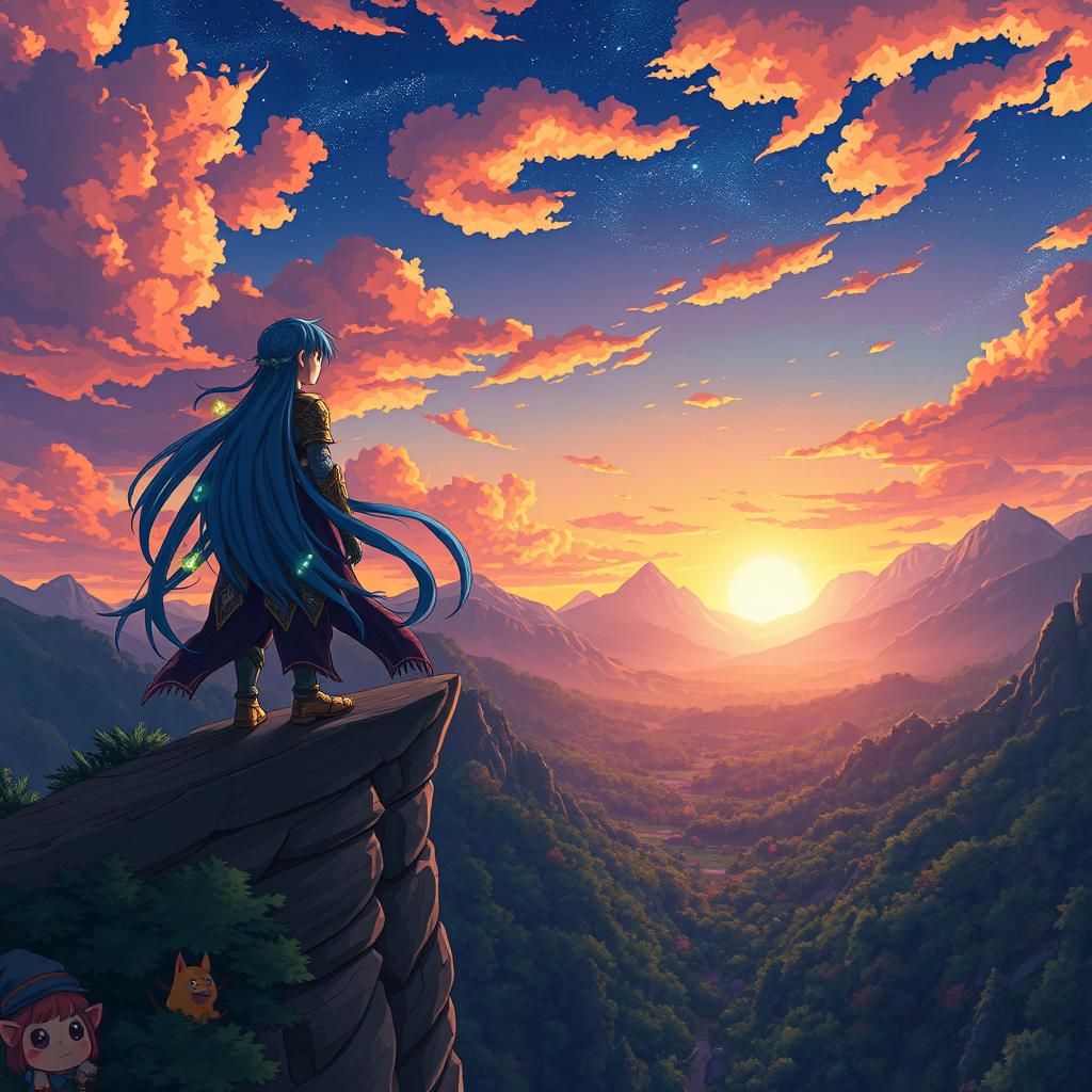 A vibrant anime scene featuring a young warrior standing on a cliff overlooking a vast, mystical landscape