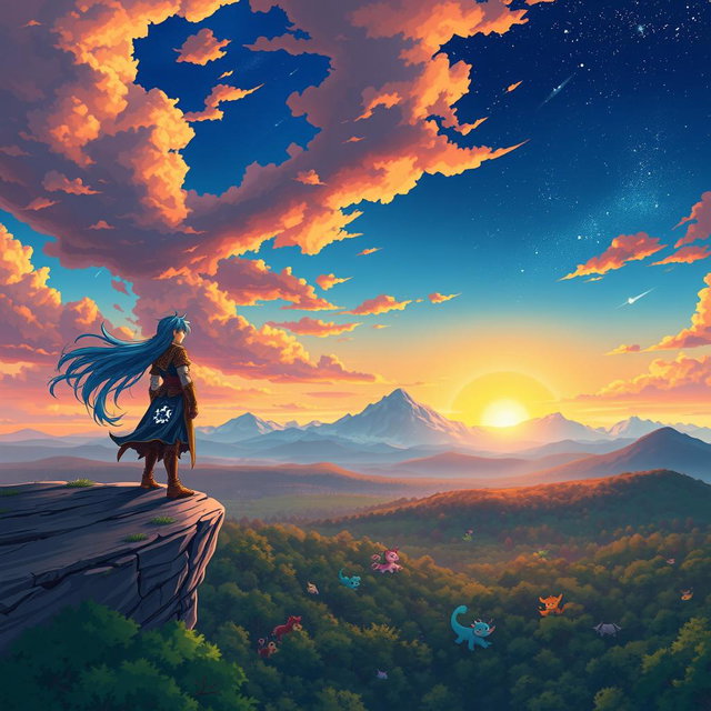 A vibrant anime scene featuring a young warrior standing on a cliff overlooking a vast, mystical landscape
