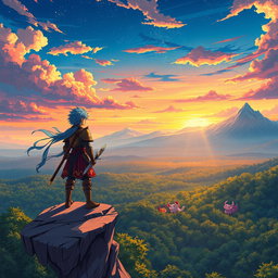 A vibrant anime scene featuring a young warrior standing on a cliff overlooking a vast, mystical landscape
