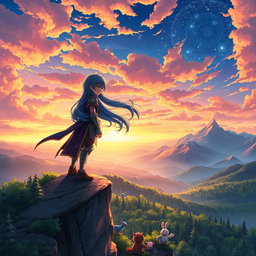 A vibrant anime scene featuring a young warrior standing on a cliff overlooking a vast, mystical landscape