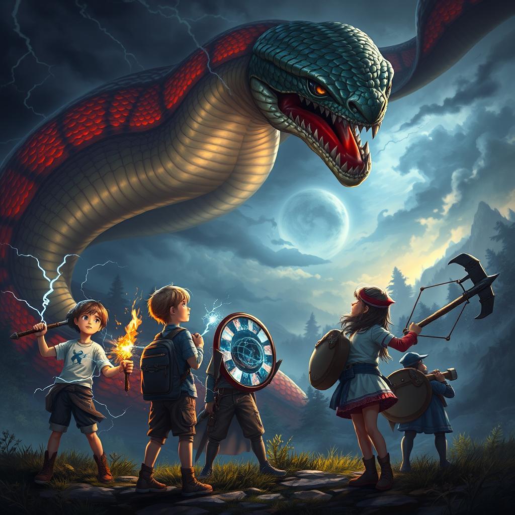 A dramatic scene featuring three boys and two girls, all looking around 14 years old, staring in awe at a colossal Naga-snake monster with vibrant scales and an intimidating presence
