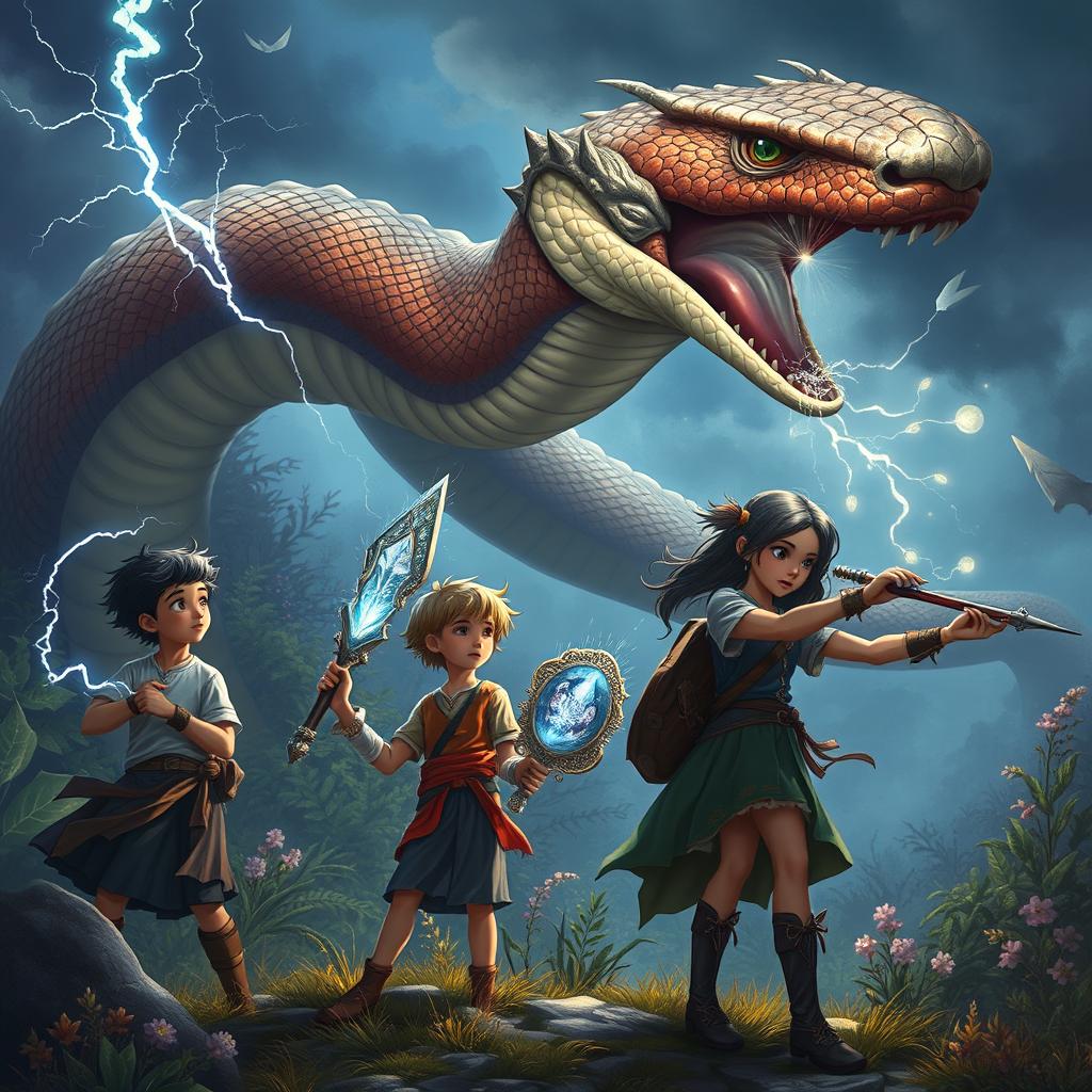 A captivating fantasy scene depicting three boys and two girls, all around 14 years old, gazing at a massive Naga-snake monster with intricately detailed scales and an imposing demeanor