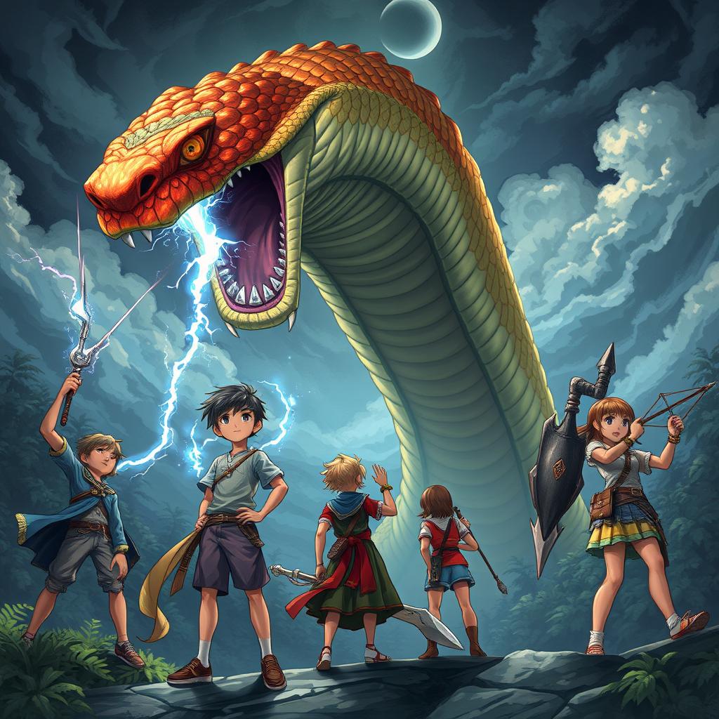 An epic fantasy illustration featuring three boys and two girls, all around 18 years of age, staring in awe at an enormous Naga-snake monster with intricate, vibrant scales and a fierce demeanor