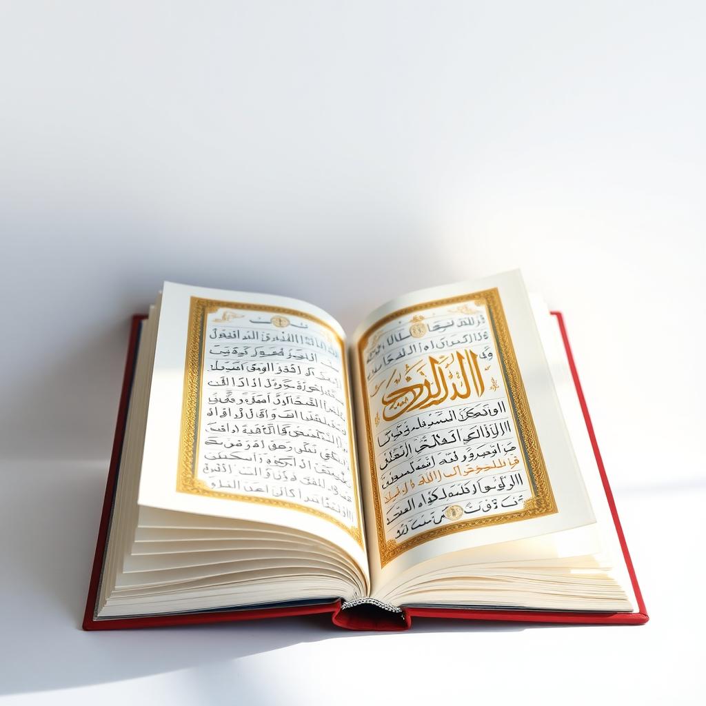 A pristine white Quran displayed elegantly against a plain white background, emphasizing its details and texture
