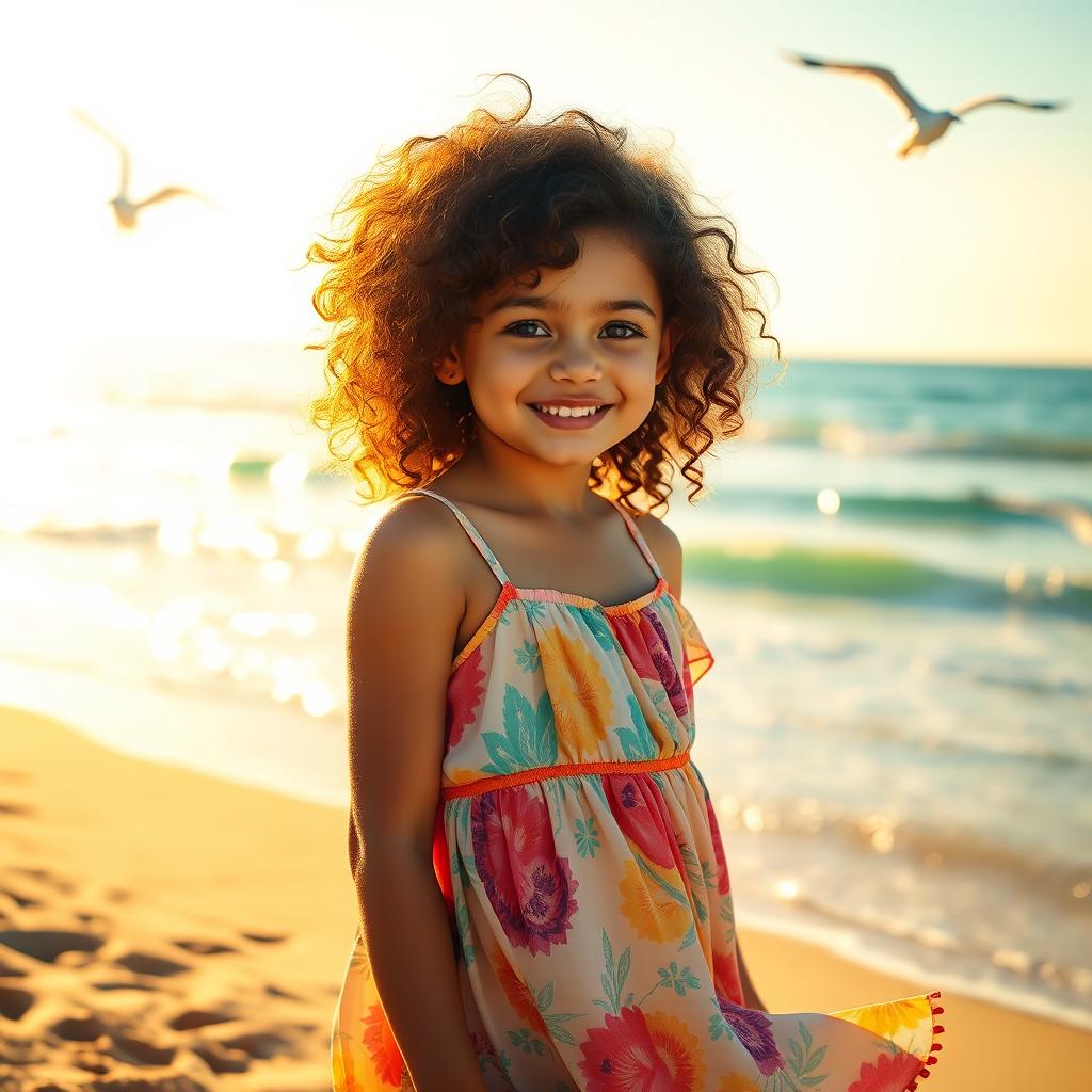A beautiful girl with curly hair standing by the beach, with golden sand and gentle waves in the background