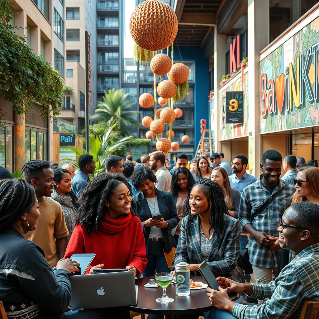 A contemplative scene depicting a diverse group of people from different cultures and backgrounds engaging in conversation and collaboration in a vibrant urban setting