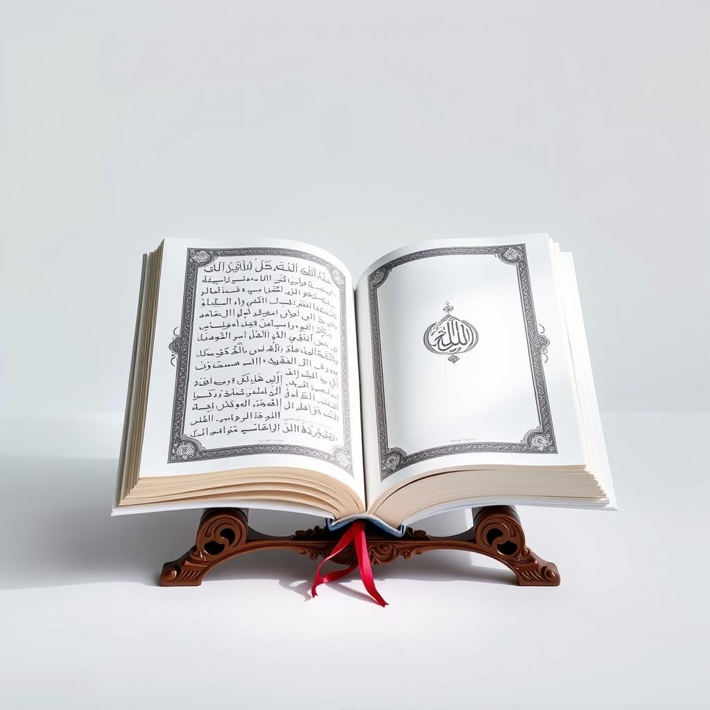 A closed white Quran placed elegantly on a traditional Quran stand (rehal), set against a simple white background