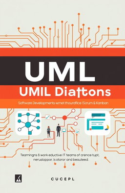 A modern textbook cover design for students, showcasing key concepts of UML diagrams and software development methods like Scrum and Kanban