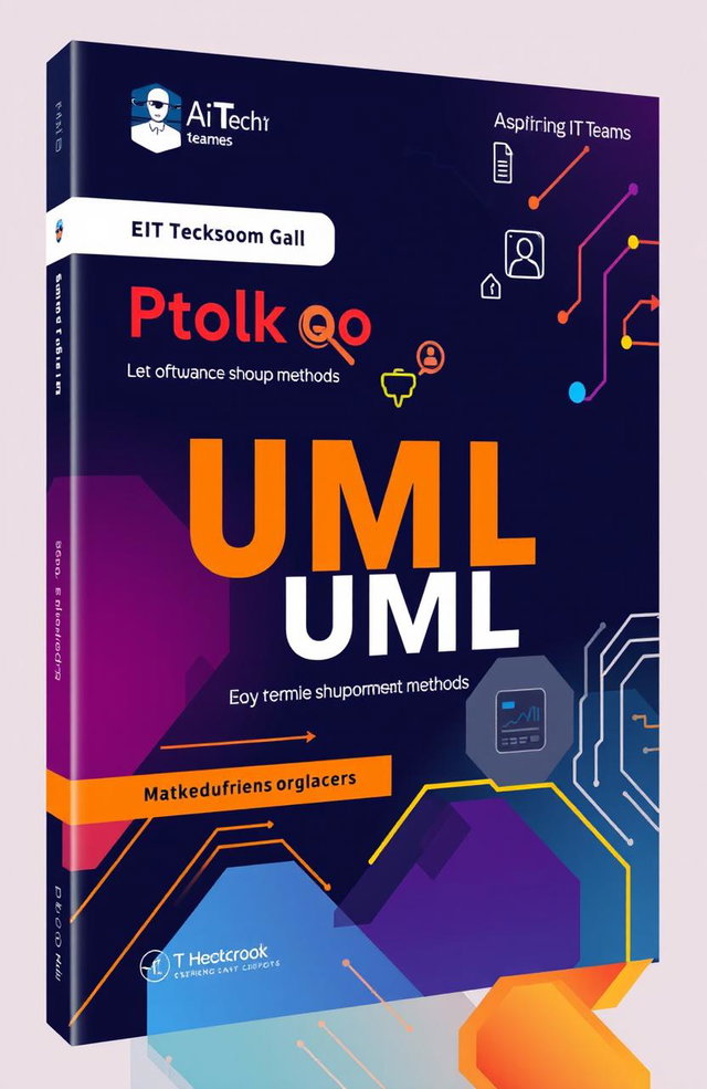 A modern textbook cover design for students, showcasing key concepts of UML diagrams and software development methods like Scrum and Kanban