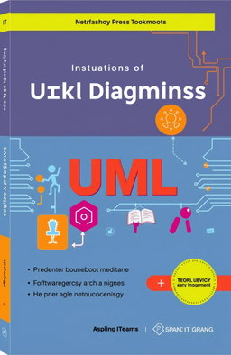 A modern textbook cover design for students, showcasing key concepts of UML diagrams and software development methods like Scrum and Kanban