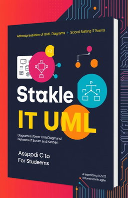 A modern textbook cover design for students, showcasing key concepts of UML diagrams and software development methods like Scrum and Kanban