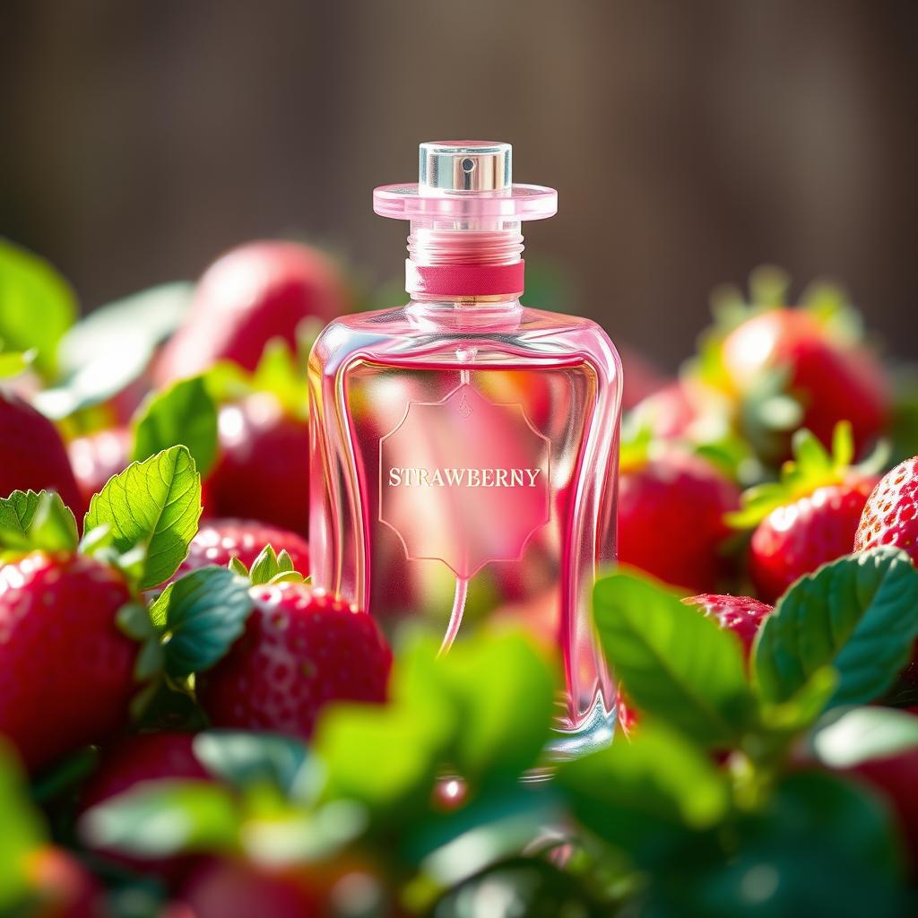 A beautifully styled bottle of strawberry perfume, featuring a vibrant pink hue with a design reminiscent of fresh strawberries