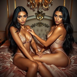 Nineteen-year-old tan Arabic Latina model twin sisters, both aged 18, petite with very long dark brunette hair, very skinny with small busts and small buttocks