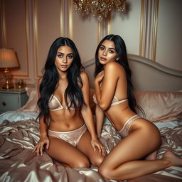 Nineteen-year-old tan Arabic Latina model twin sisters, both aged 18, petite with very long dark brunette hair, very skinny with small busts and small buttocks