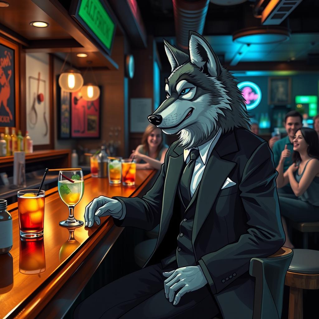 A wolf dressed in a sharp tailored suit, enjoying drinks with friends in a vibrant bar setting