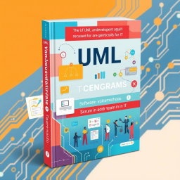 A modern textbook cover design focused on UML diagrams, software development methods such as Scrum and Kanban, and teamwork in IT