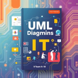 A modern textbook cover design focused on UML diagrams, software development methods such as Scrum and Kanban, and teamwork in IT