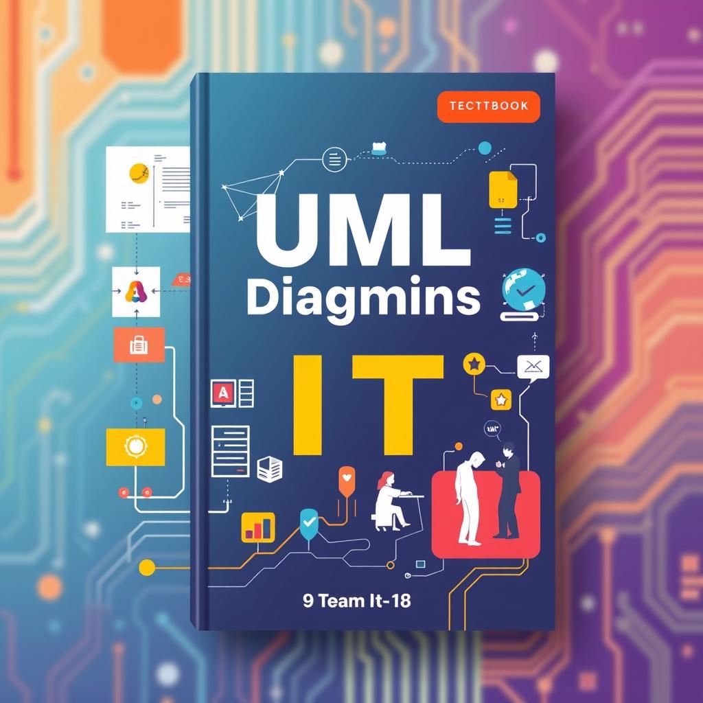 A modern textbook cover design focused on UML diagrams, software development methods such as Scrum and Kanban, and teamwork in IT