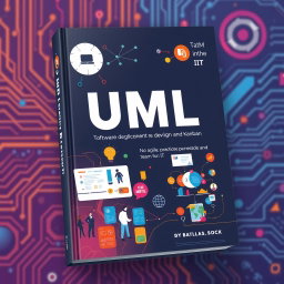 A modern textbook cover design focused on UML diagrams, software development methods such as Scrum and Kanban, and teamwork in IT