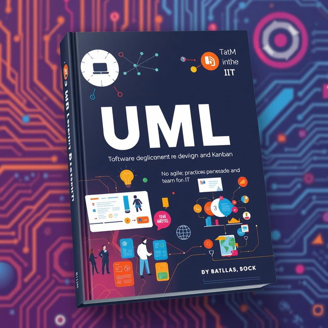 A modern textbook cover design focused on UML diagrams, software development methods such as Scrum and Kanban, and teamwork in IT