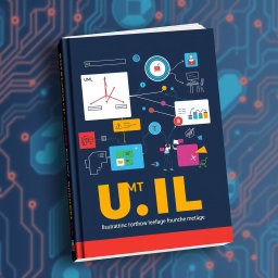A modern textbook cover design focused on UML diagrams, software development methods such as Scrum and Kanban, and teamwork in IT