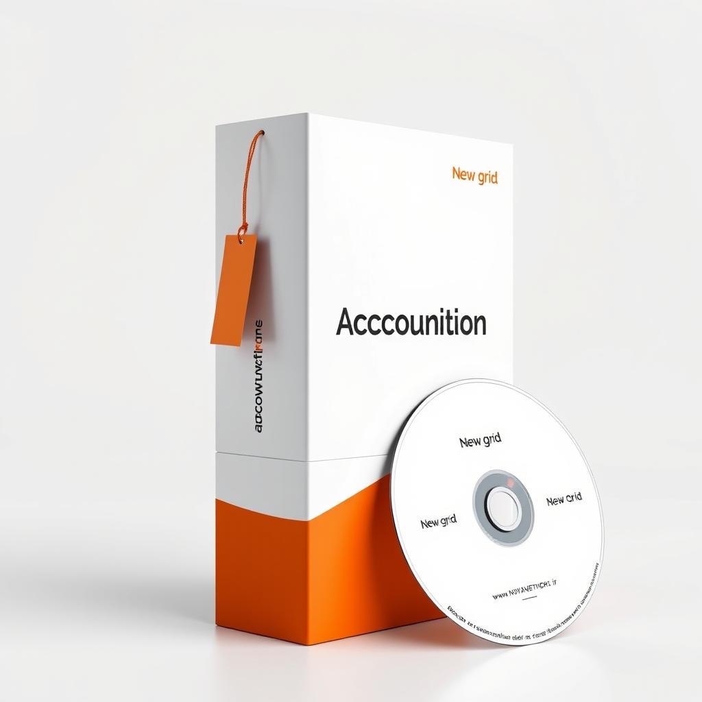 A standing rectangular box design for accounting software, featuring a vibrant orange bottom half and a clean white top half