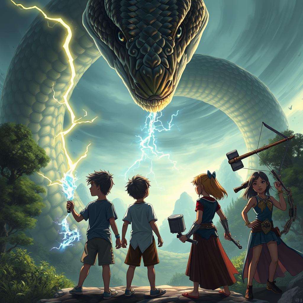 An intense fantasy scene showcasing three boys and two girls, all clearly depicted as 18 years old, gazing at a gigantic Naga-snake monster with mesmerizing scales and an imposing, mythical aura