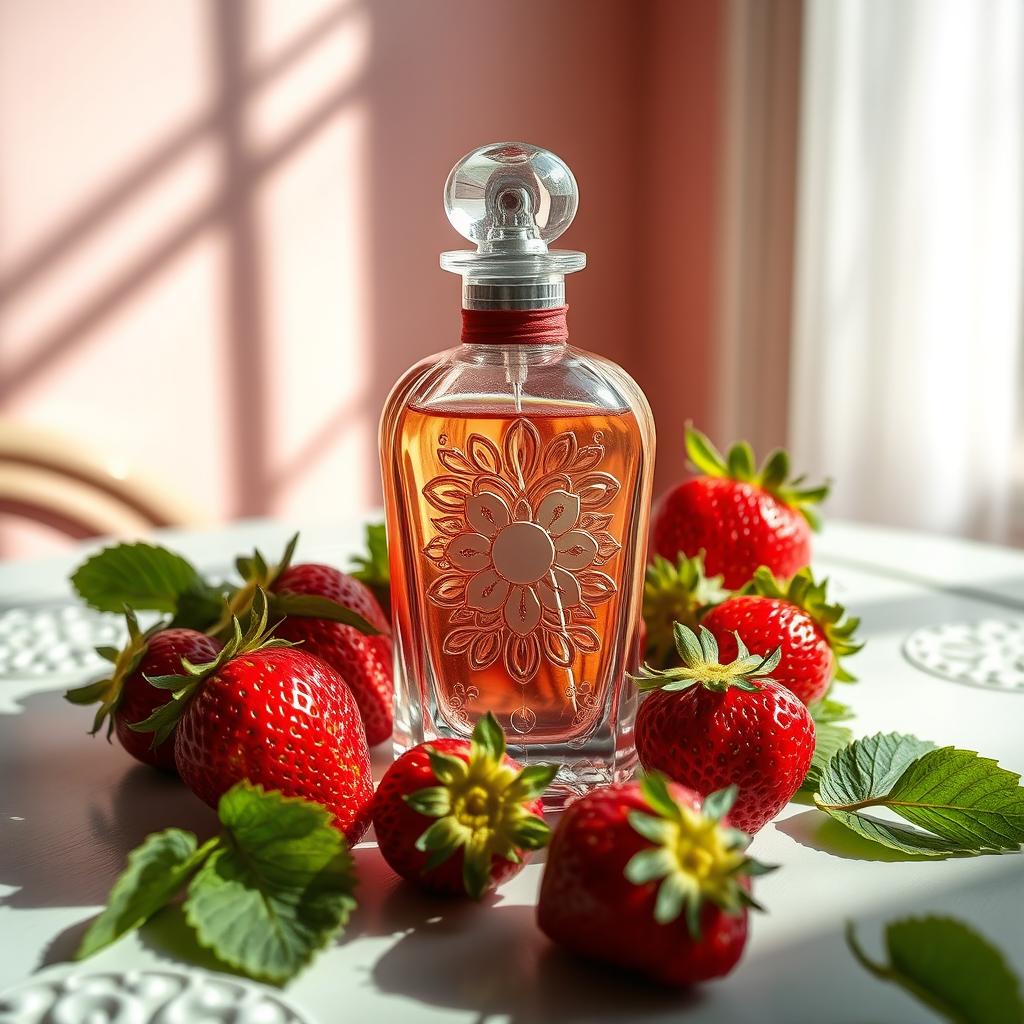A beautiful bottle of strawberry fruit perfume elegantly placed on a vintage table