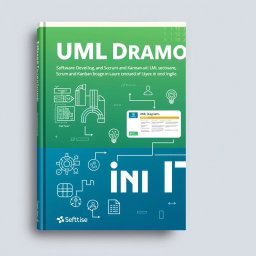 A modern textbook cover design focusing on UML diagrams, software development methods such as Scrum and Kanban, and the concept of teamwork in IT
