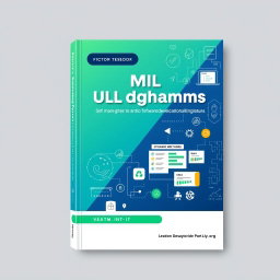 A modern textbook cover design focusing on UML diagrams, software development methods such as Scrum and Kanban, and the concept of teamwork in IT