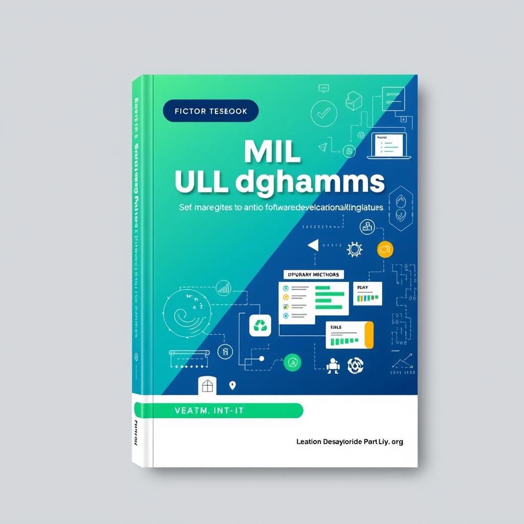 A modern textbook cover design focusing on UML diagrams, software development methods such as Scrum and Kanban, and the concept of teamwork in IT
