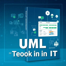 A modern textbook cover design focusing on UML diagrams, software development methods such as Scrum and Kanban, and the concept of teamwork in IT