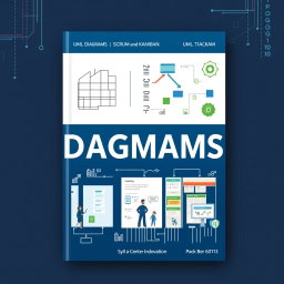A modern textbook cover design focusing on UML diagrams, software development methods such as Scrum and Kanban, and the concept of teamwork in IT