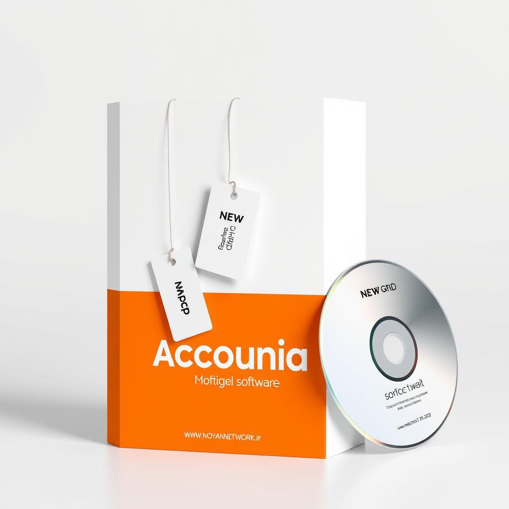 An accounting software box with a standing rectangular shape, featuring a vibrant orange bottom half and a clean white top half