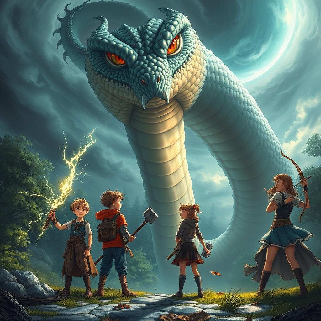 An epic fantasy scene featuring three boys and two girls, all appearing to be around 20 years old, staring in awe at a gigantic Naga-snake monster with majestic scales and a formidable presence