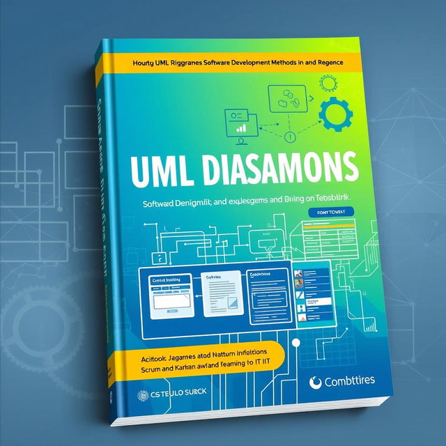 A modern textbook cover design for a textbook focusing on UML diagrams, software development methods like Scrum and Kanban, and teamwork in IT