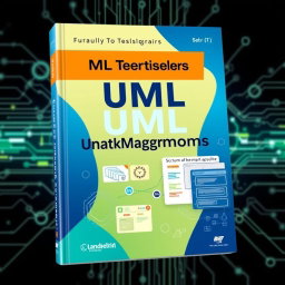 A modern textbook cover design for a textbook focusing on UML diagrams, software development methods like Scrum and Kanban, and teamwork in IT