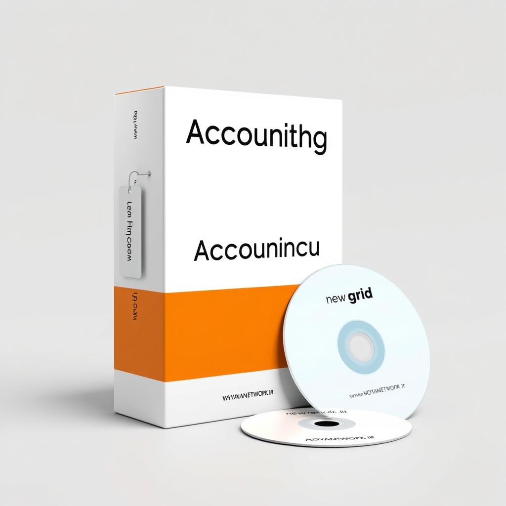 An accounting software box designed in a standing rectangle shape, featuring the bottom half in bright orange and the top half in white